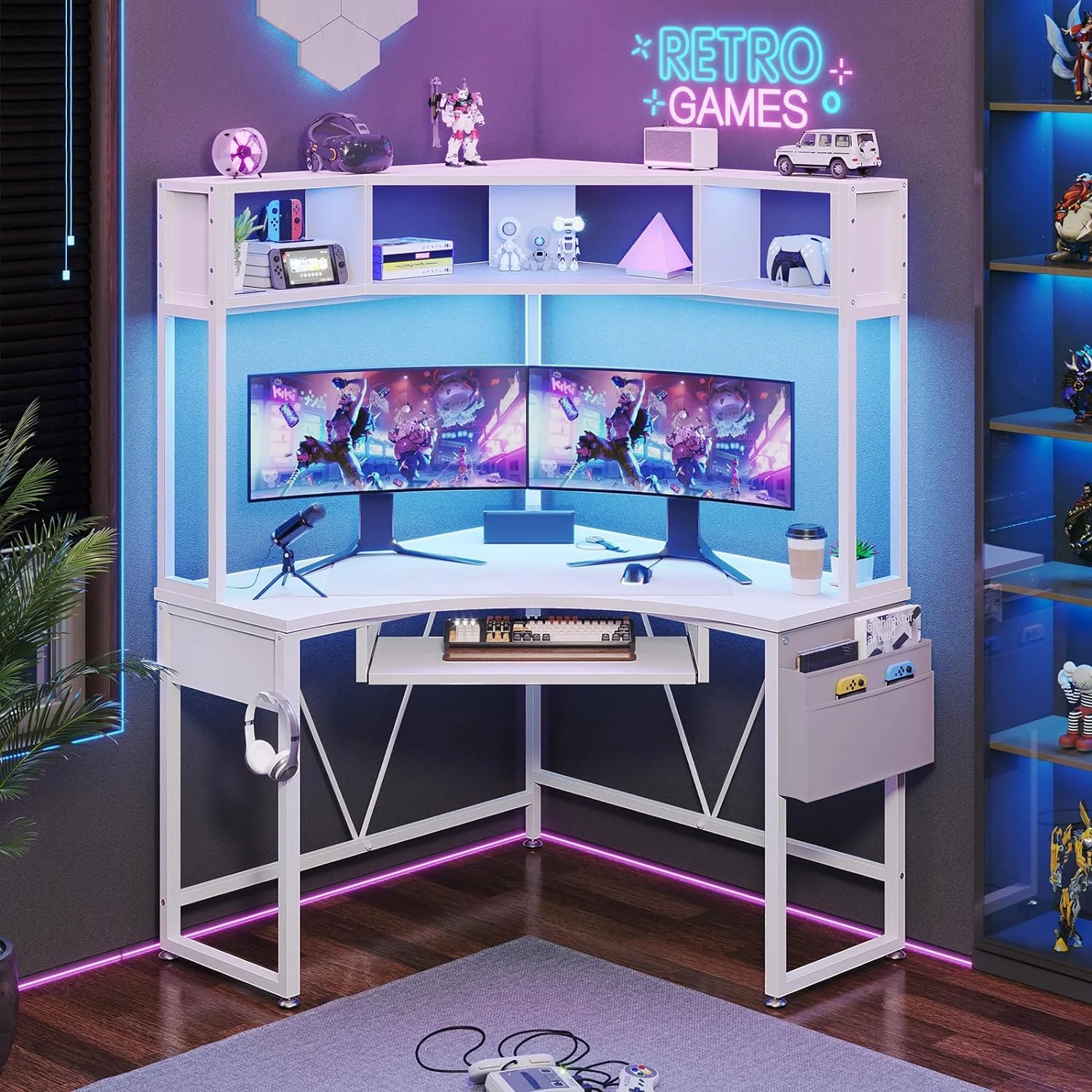 Corner Desk, Small Computer Desk with Hutch & LED Lights, Triangle Corner Computer Desk with Keyboard Tray, Storage Bag