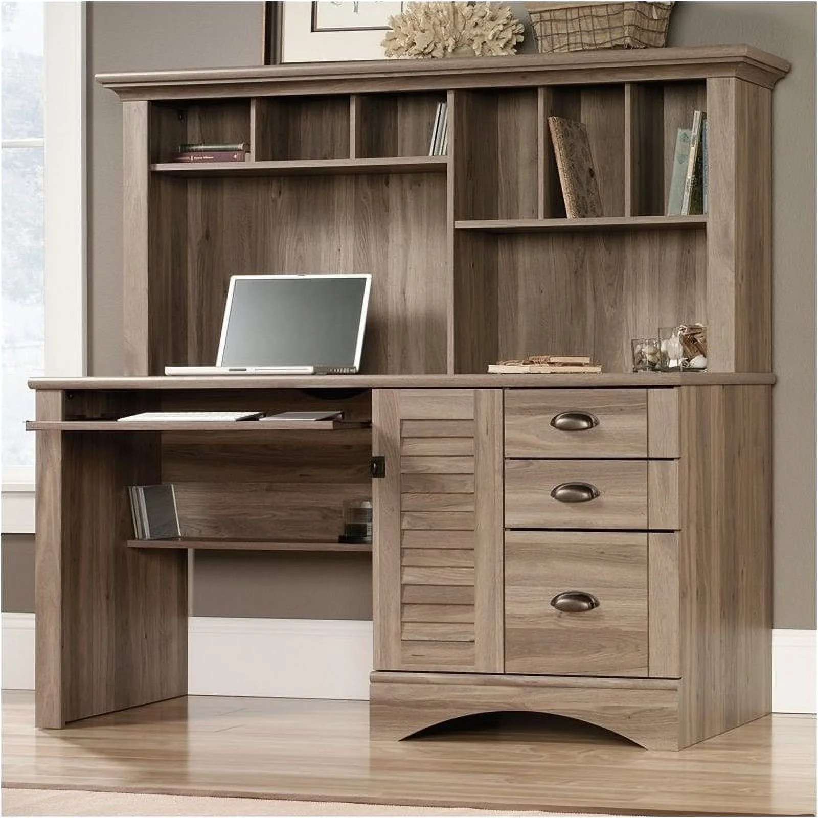 Scranton &amp; Co Computer Desk with Hutch in Salt Oak Finish