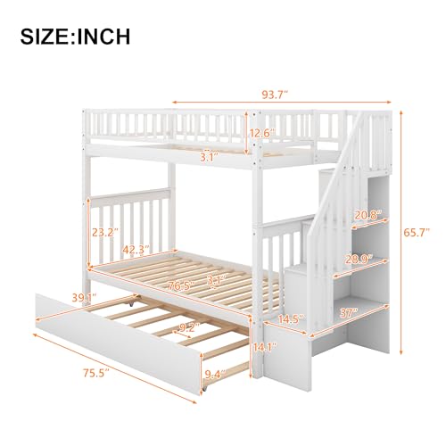 Harper & Bright Designs Bunk Beds Twin Over Full Size, Bunk Bed with Trundle,Storage Shelf and Stairway