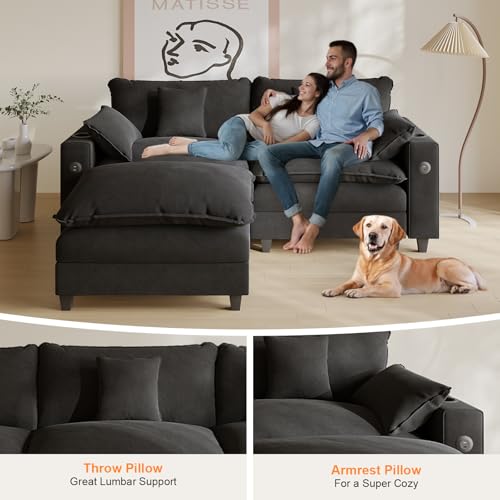 Modular Sectional Sofa, Cloud Couch with Ottoman, Charging Station, Throw Pillows, Cup Holders, Modern Convertible U Shaped Couches for Living Room