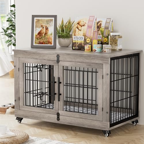 Lulive Dog Crate Furniture for Medium Dogs, 32'' Dog Kennel Indoor with Cushion & Wheels Wooden Dog Cage Double Doors Dog Crate End Table, Grey