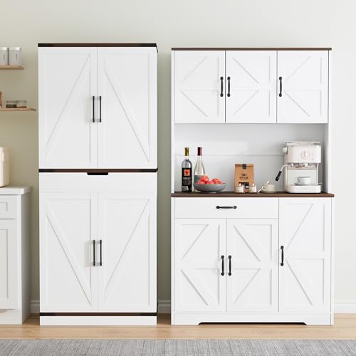 72" Tall Storage Cabinet, Kitchen Pantry Cabinet with Adjustable Shelves & Sturdy Steel Frame, Farmhouse Pantry Storage with 4 Barn Doors for Kitchen