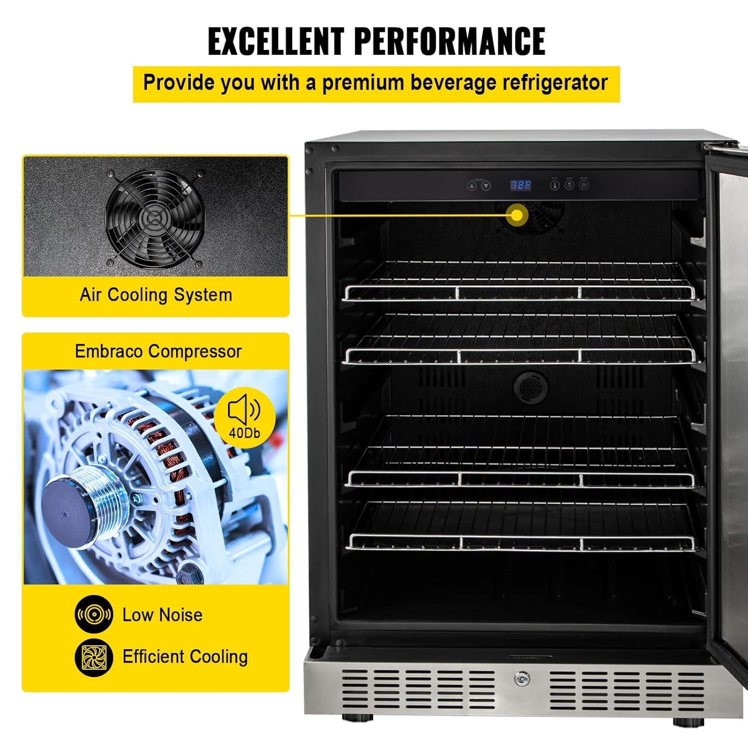 VEVOR 24'' Built-in Beverage Cooler, 5.3 cu.ft. Stainless Steel Beverage Refrigerator w/Embraco Compressor