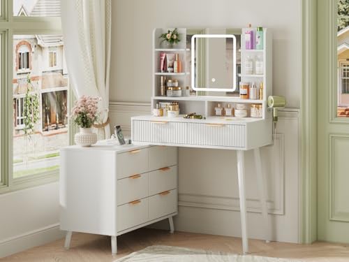 Maupvit Vanity Desk with Mirror and Lights, Makeup Vanity with 8 Drawers & Shelves, Corner Vanity, L Shape Change & Storage