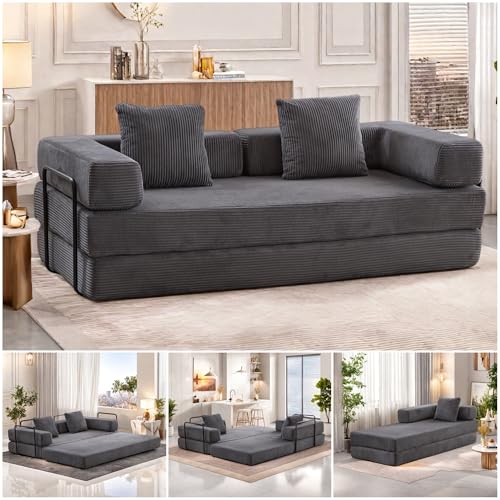 Convertible Floor Sofa Bed, Foldable Mattress Cloud Couch with Pillow Back & Armrest, Chenille Sleeper Sofa Bed with Fixed-Shape Frame