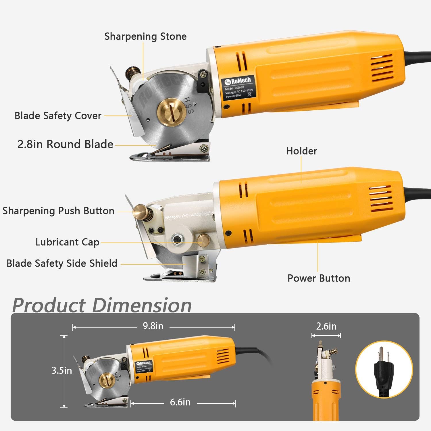 RoMech Mini Electric Cloth Cutter, Rotary Blade Fabric Cutting Machine, Octagonal Knife
