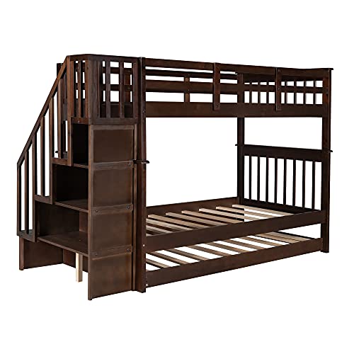 Harper & Bright Designs Twin Over Twin Bunk Bed with Stairs and Trundle, Solid Wood Stairway Bunk Bed Frame with Storage