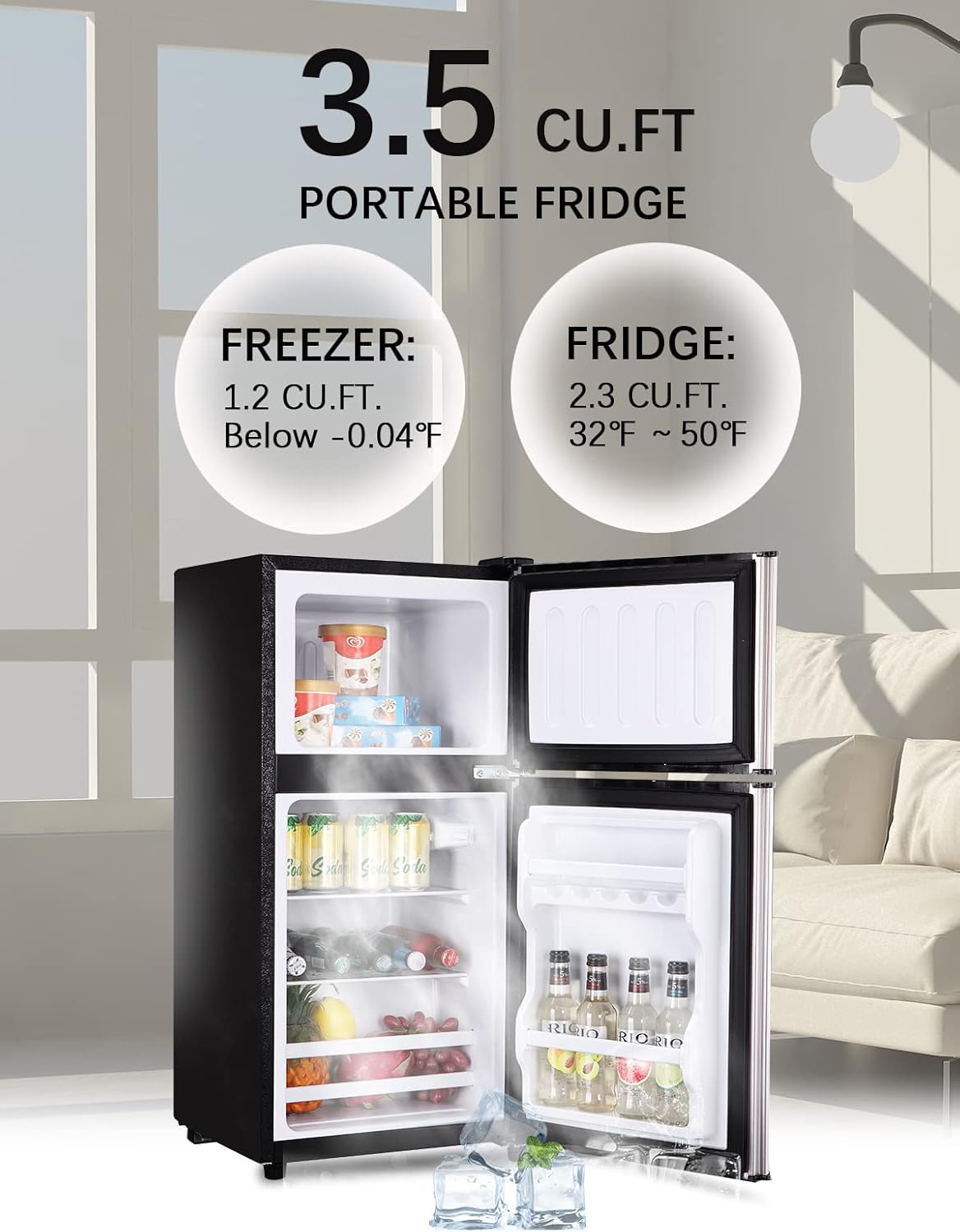 KRIB BLING Compact Refrigerators with Freezer, 3.5 Cu.ft Mini Fridge with 7 Level Temp Adjustable Thermostat, Small Fridge for Apartment, Office