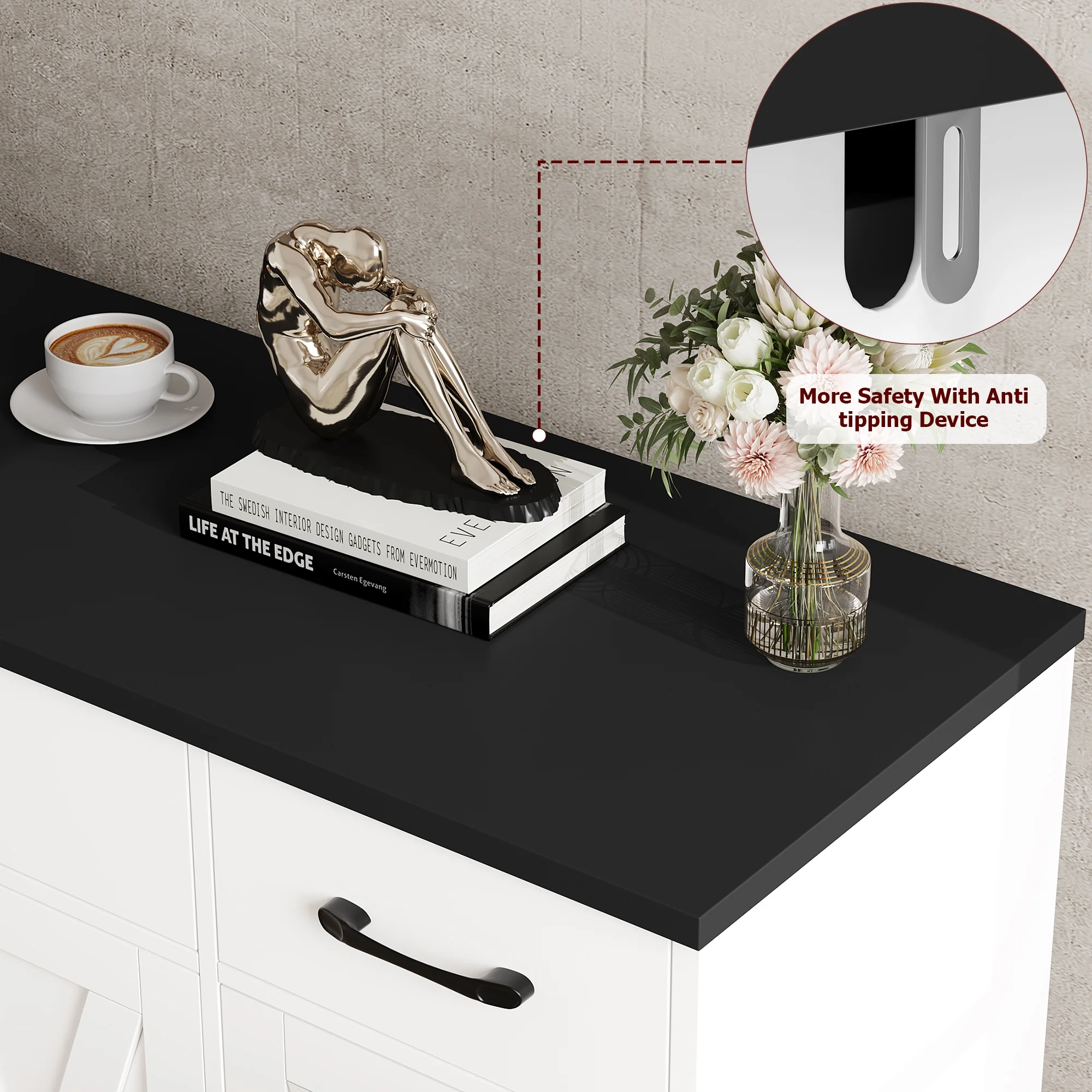 Homfa 55.1‘’ Farmhouse Kitchen Sideboard, 4-Doors 3-Drawers Wood Buffet Cabinet with Adjustable Shelves, Black & White