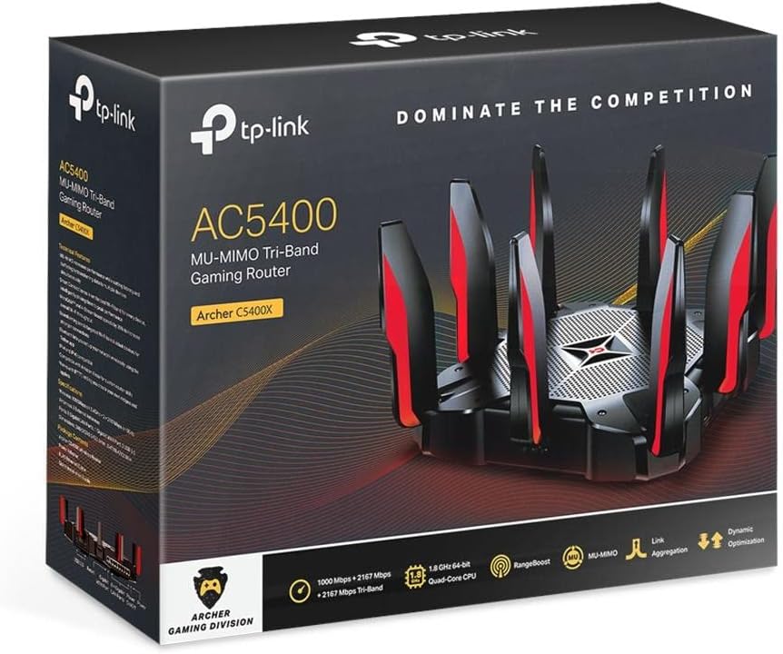 TP-Link AC5400 Tri Band WiFi Gaming Router(Archer C5400X) – MU-MIMO Wireless Router, 1.8GHz Quad-Core 64-bit CPU, Game First Priority