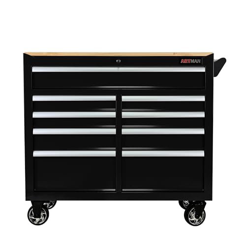 Heavy Duty Rolling Tool Chest with 9-Drawer Wood Top Tool Cart Mechanic Tool Box with Wheels Tool Storage Cabinet Mobile Workbench Tool Bench for