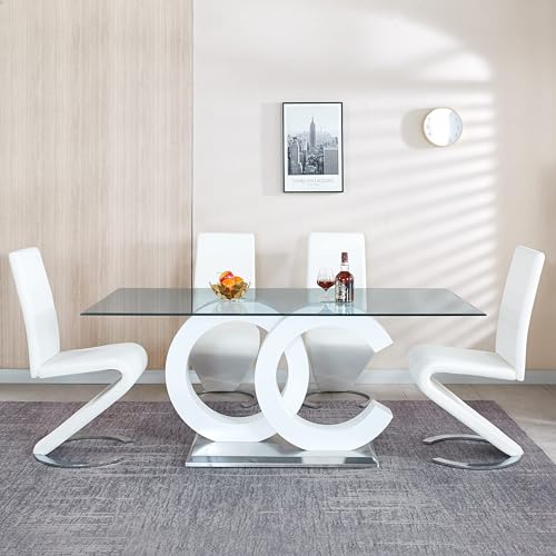 70 inch Glass Dining Table for 8, Modern Clear Tempered Glass Dining Room Table with Golden Stainless Steel Pedestal