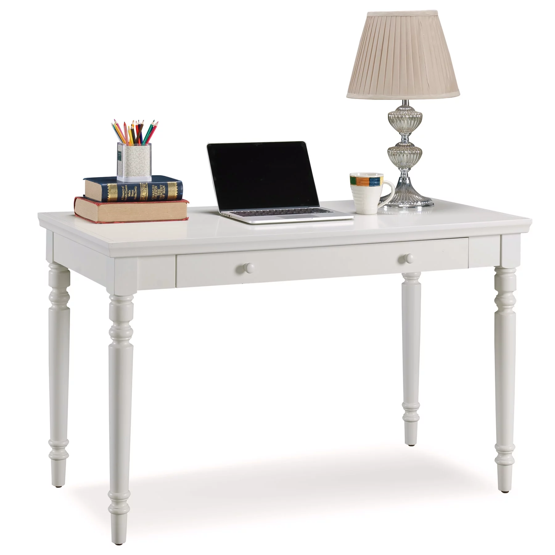 Leick Home 85410 Turned Leg Laptop Writing Desk with Center Keyboard Drawer, Cottage White
