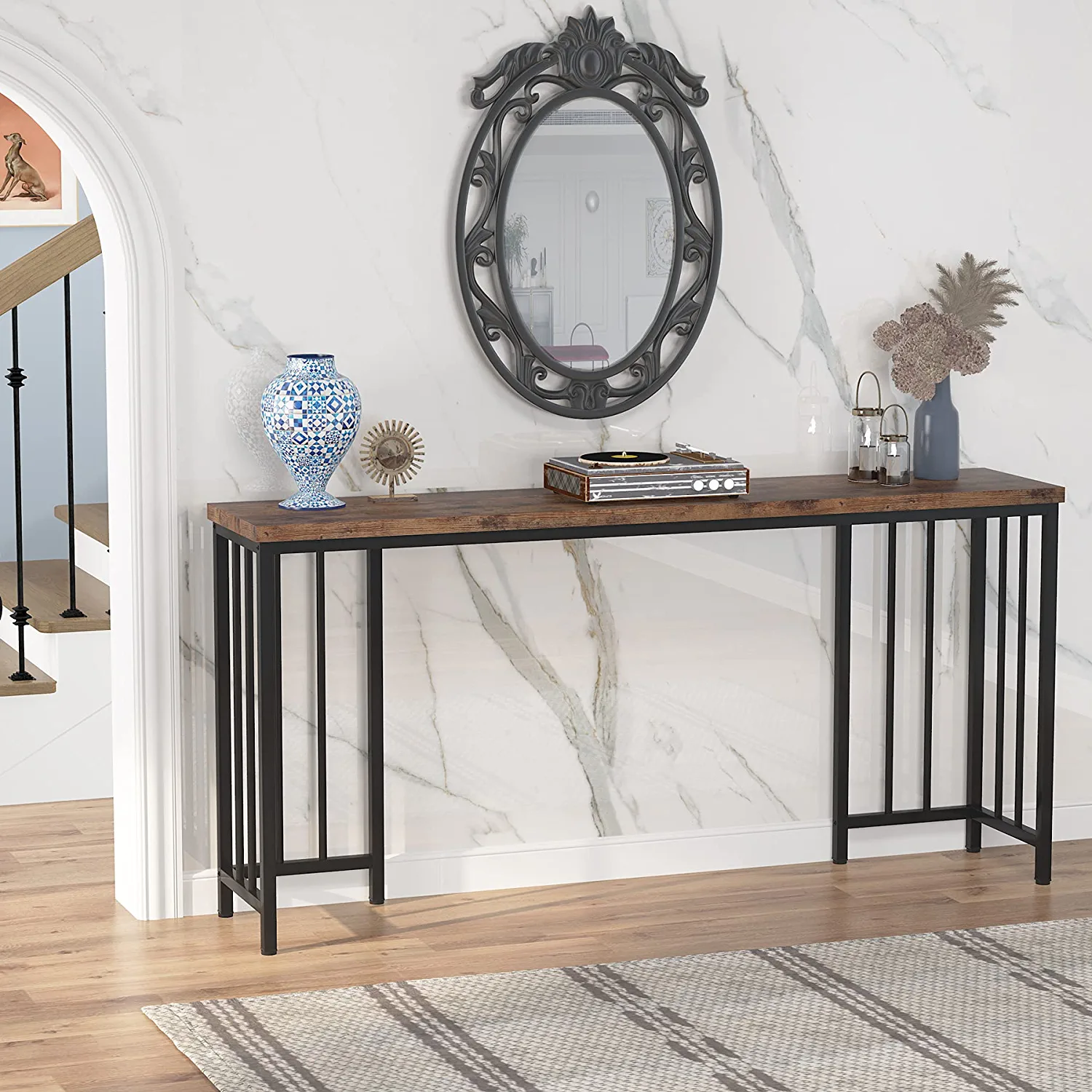 Rustic 70.9 Inch Extra Long Console Table, Industrial Narrow Sofa Table