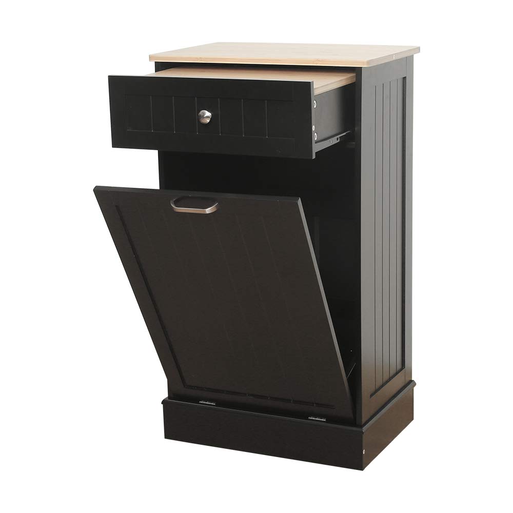 Anbuy Tilt Out Trash Cabinet Can Bin Kitchen Wooden Trash Can Free Standing Holder Recycling Cabinet with Hideaway Drawer Wooden Removable Bamboo