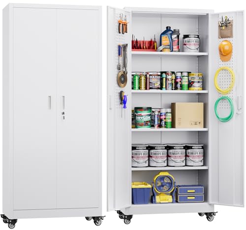 Metal Storage Cabinet with Wheels, 73" H Rolling Garage Cabinets with Locking Doors and Adjustable Shelves for Home Office, Basement, Pantry, Workshop