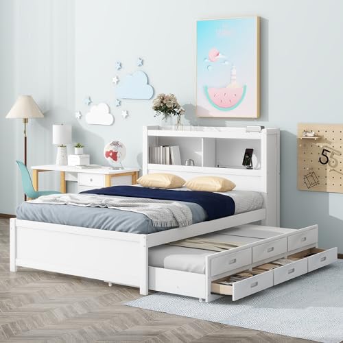 Full Size Storage Bed with Bookcase Headboard and Trundle, Wood Platform Bed Frame with Charging Station
