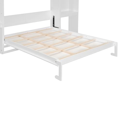 Queen Size Farmhouse Murphy Bed Cabinet with Charging Station, Foldable Platform Bed Frame with 2 Storage Drawers