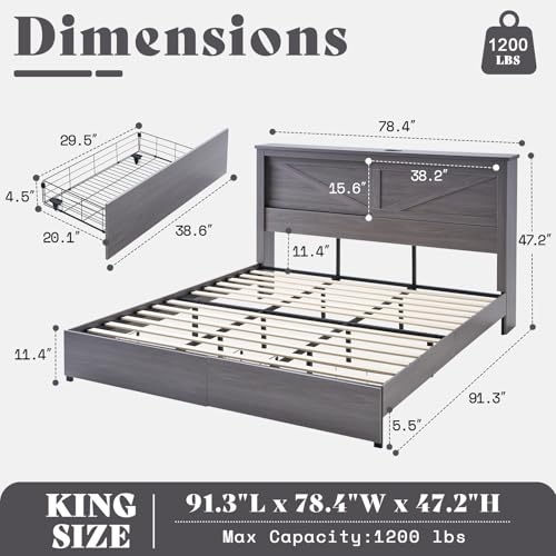 AMERLIFE 47.2" H King Bed Frame with Hidden Space Bookcase Headboard and Charging Station, Beds with 2 Storage Drawers and Wood Slats