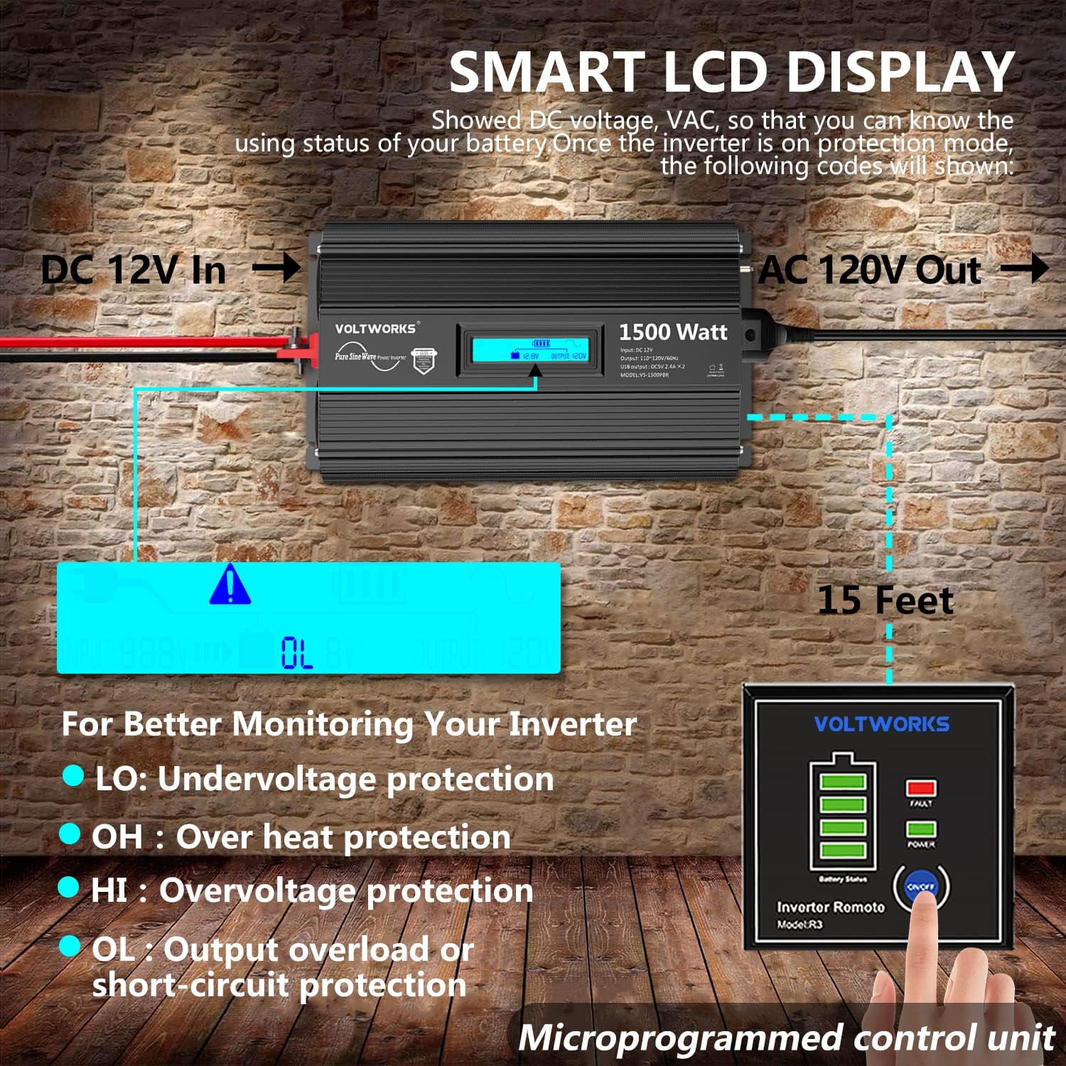 Pure Sine Wave 2500 Watt Car Power Inverter 2500w Converter DC 12V to 110V-120V AC with LCD Display 2 AC Outlets 2x2.4A USB Ports 1 AC Terminal Block
