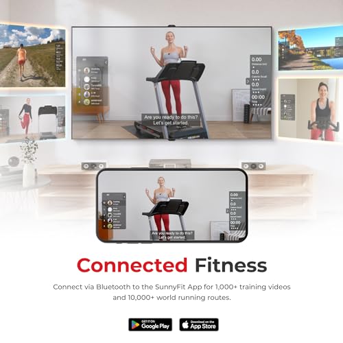 Sunny Health & Fitness Premium Smart Treadmill with Auto Incline, Dedicated Speed Buttons, Double Deck Technology, Digital Performance Display