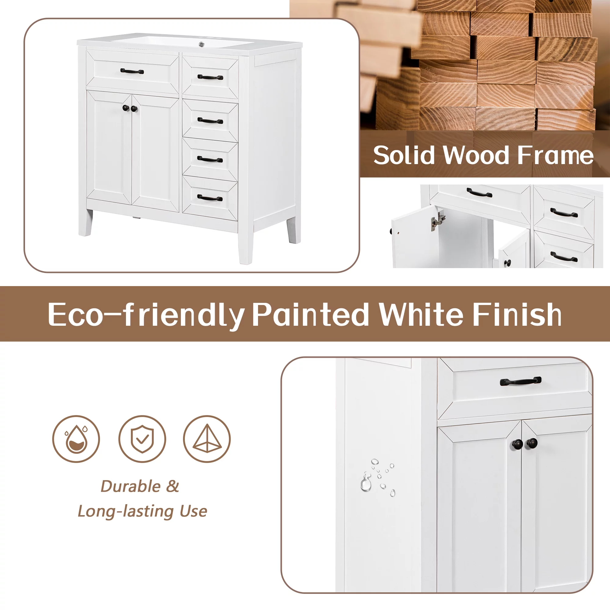 Royard Oaktree 36" Single Bathroom Vanity Modern Under Sink Storage Vanity Base with 2 Doors & 3 Drawers Freestanding Bathroom Storage Cabinet for