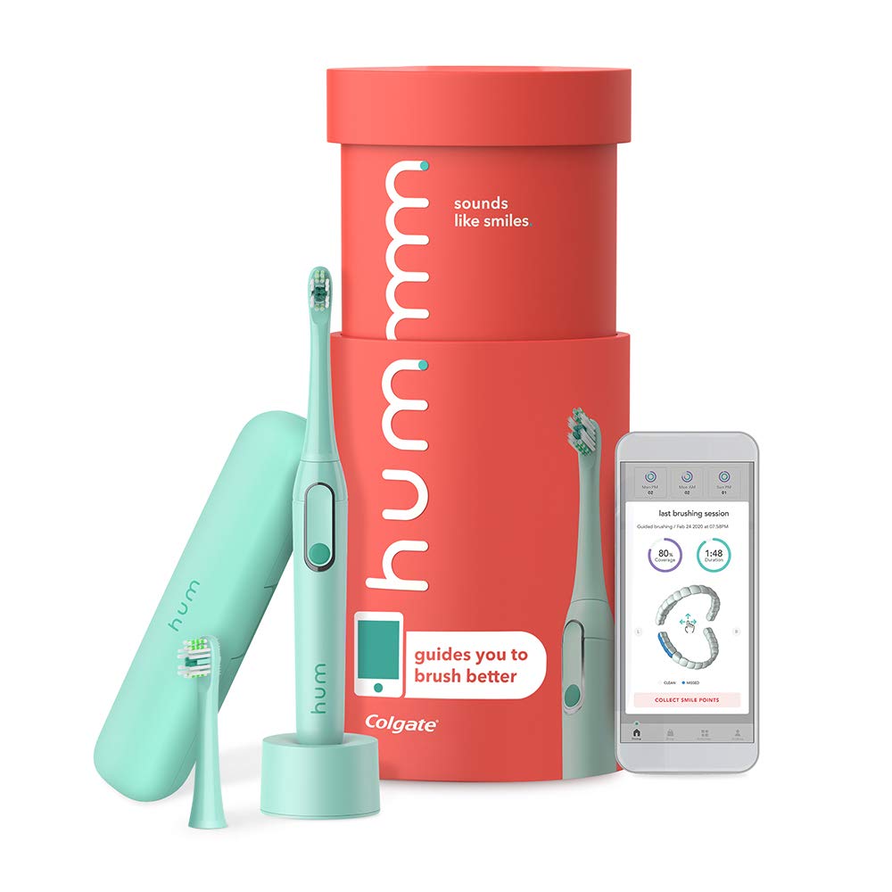 hum by Colgate Smart Electric Toothbrush Kit, Rechargeable Sonic Toothbrush with Travel Case & Bonus Replacement Brush Head, Blue Pack of 2