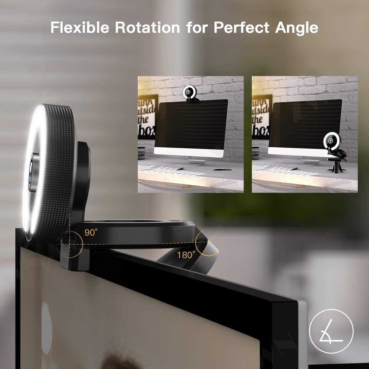 ZWNAV Webcam with Ring Light, Computer Camera with Microphone, Wide Angle, USB Connection, Face Camera for Video Conferencing