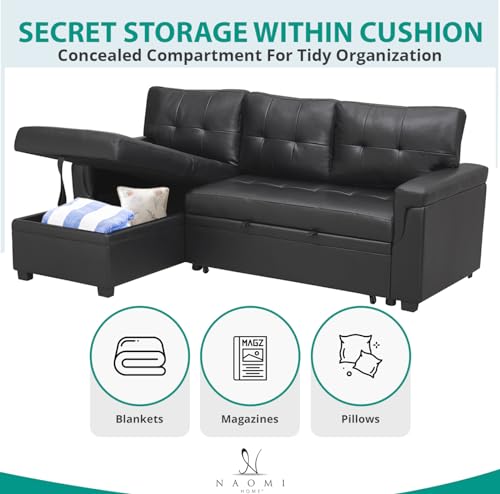Naomi Home Jenny Sectional Sofa Sleeper with Storage Chaise, Tufted Pull Out Couch with Storage, L-Shaped Reversible Sleeper Sofa with Storage, Black