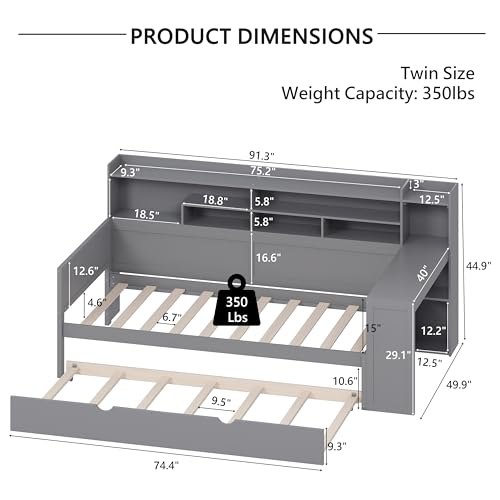 Corner Twin Bed Frame with Bookcase Storage and Desk, Wood Day Beds with 2 Drawers, Twin Size Daybed with Storage for Living Room