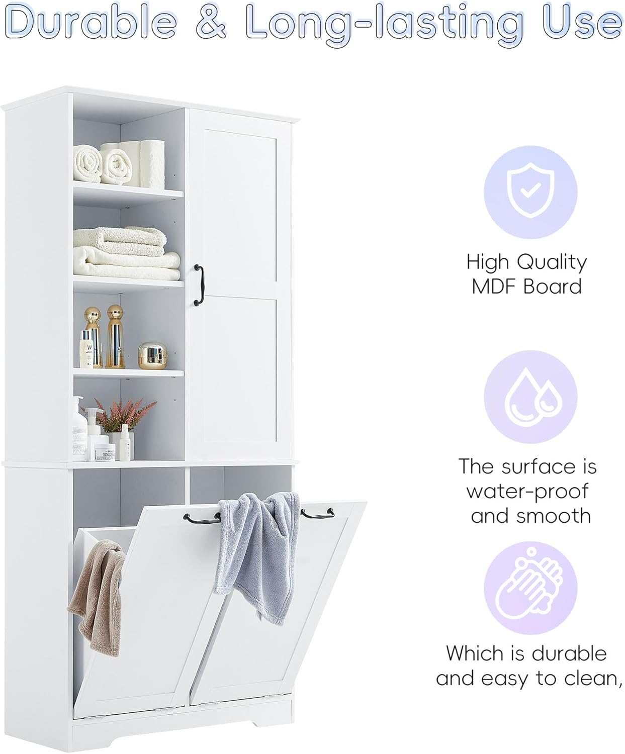 Merax Bathroom Storage Cabinet with Laundry Hamper, Open Shelf, Tall Freestanding Organizer for Home, White