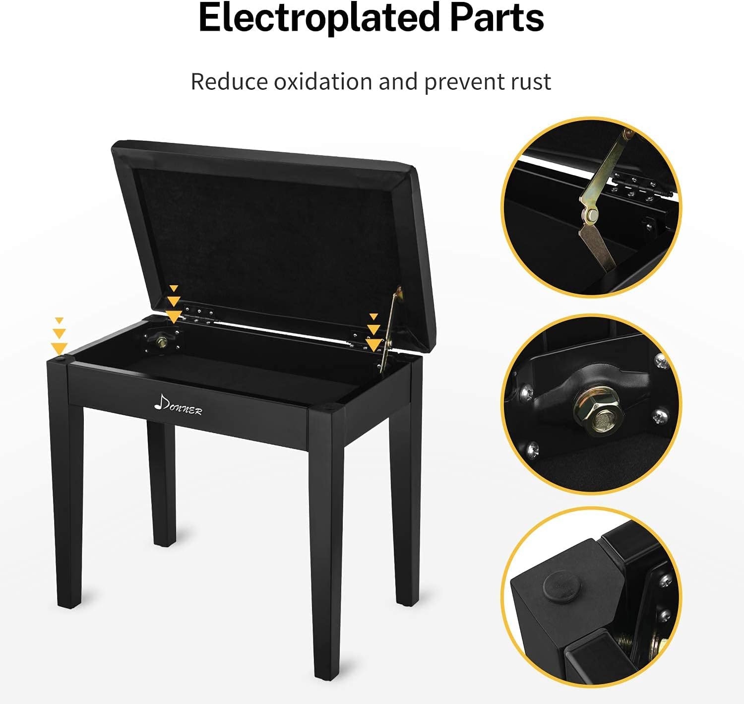 Donner Piano Bench with Storage, Solid Wood Keyboard Bench Piano Bookcase Stool Chair Seat with High-Density Sponges Pad, Black