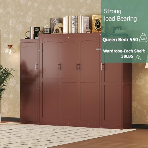 Polib Full Size Murphy Bed with Two Wardrobes and Storage Shelf, Space-Saving Wall Cabinet Bed with Foldable Platform Bedframe for Small Bedrooms