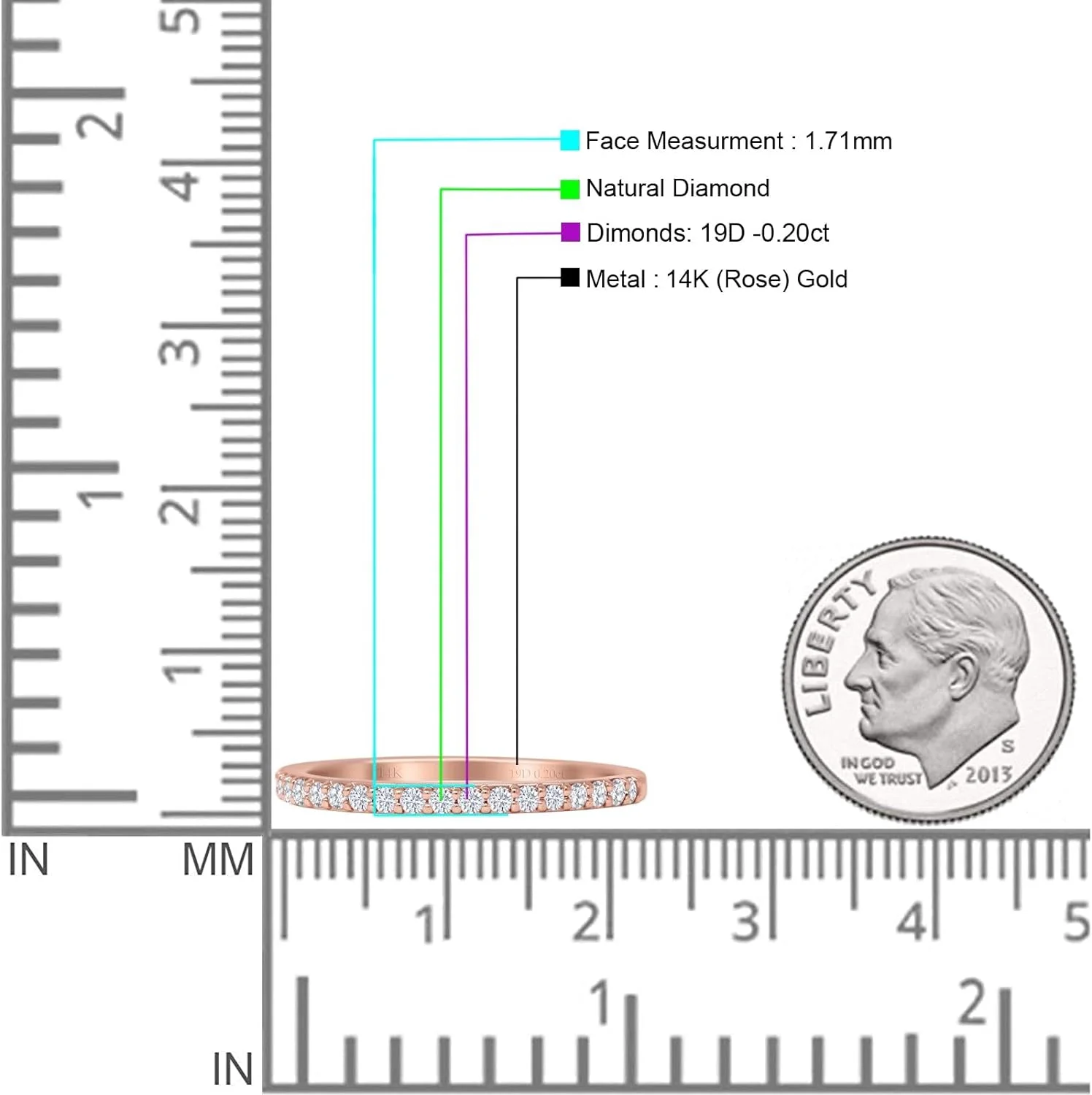 14K Rose Gold Half Eternity Band 0.12ct Natural Diamond Aquamarine, Size 10.25
