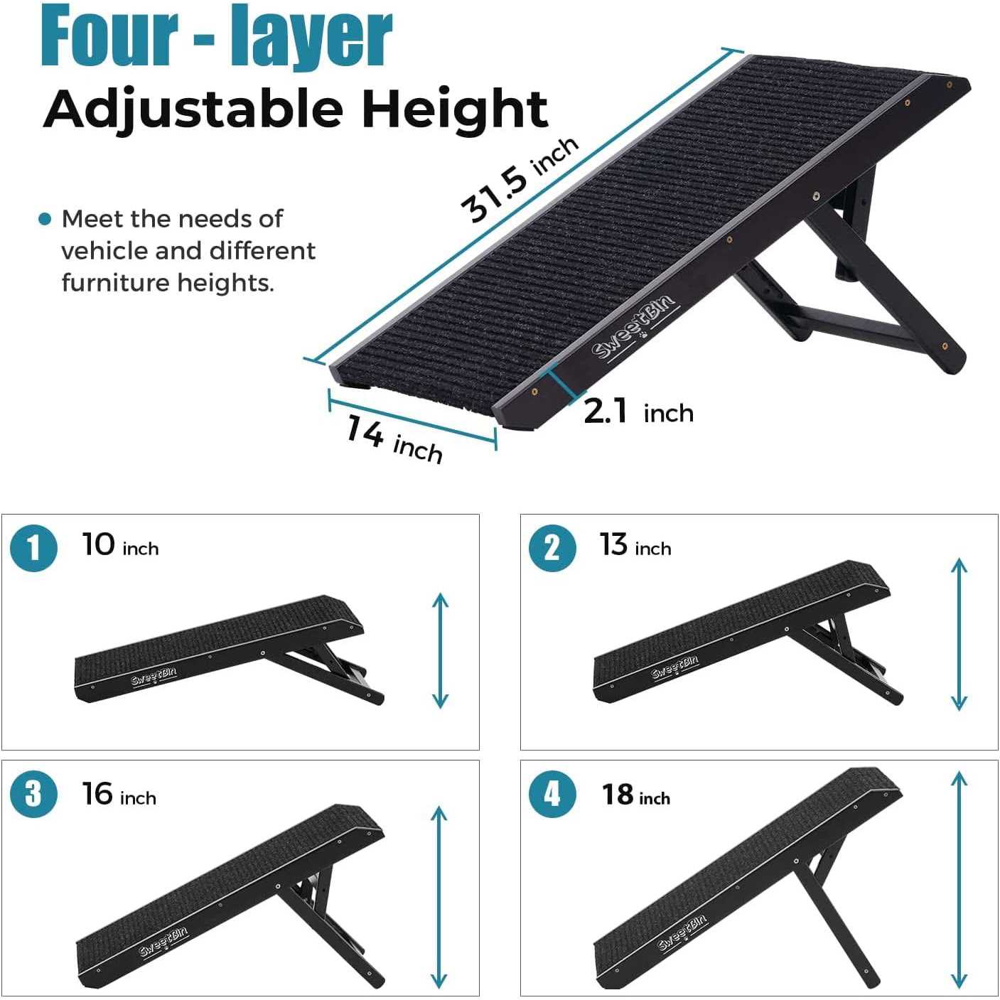 Sweetbin 18 Tall Adjustable Pet Ramp Small Dog Use Only Wooden Folding Portable Dog &amp; Cat Ramp Perfect for Couch or Bed with Non Slip Carpet