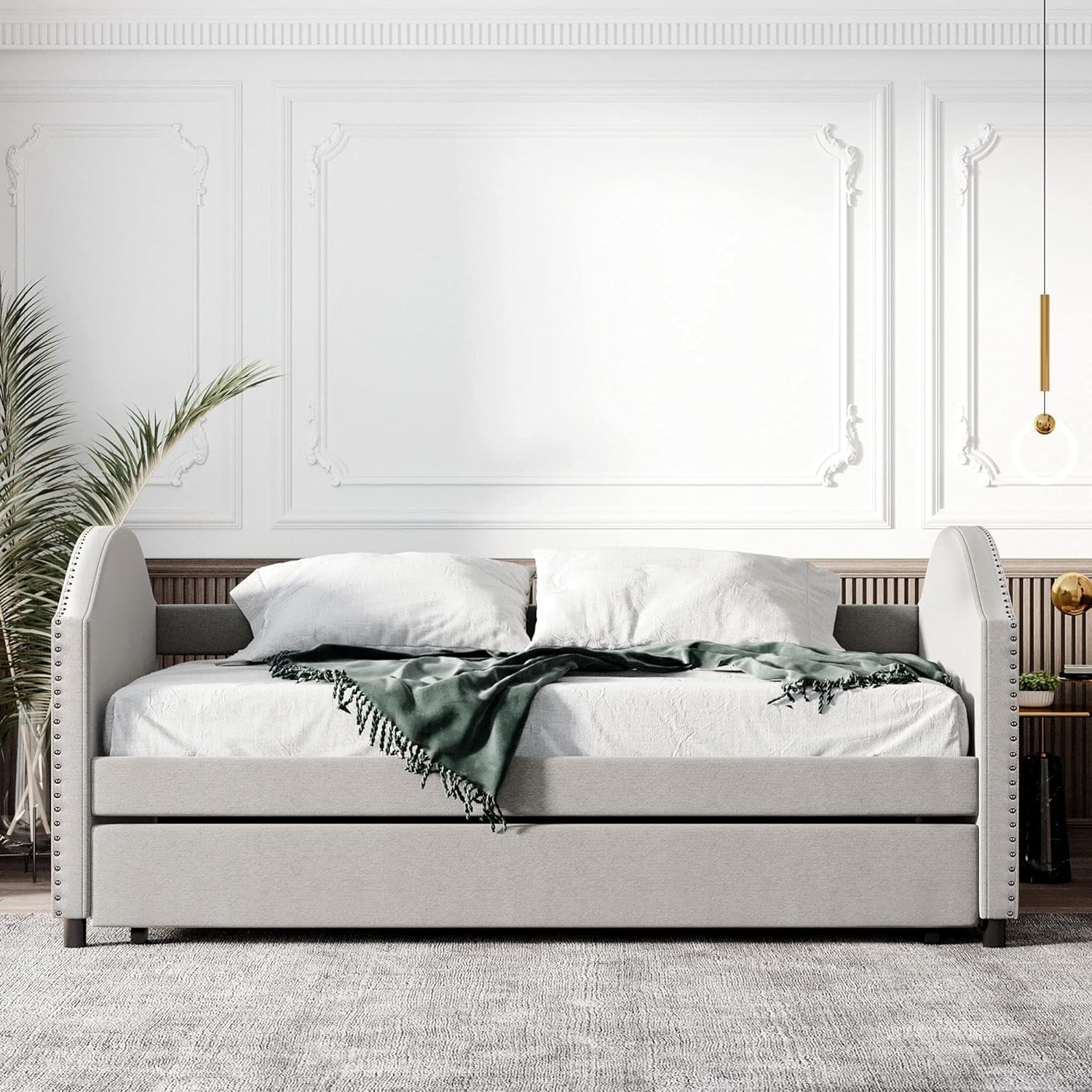 Upholstered  Daybed With Size Trundle, Full Size Sofa Bed With Rivets Décor, Wood Slat Support Daybed For Family, Kids, Teens, No Box Spring Needed