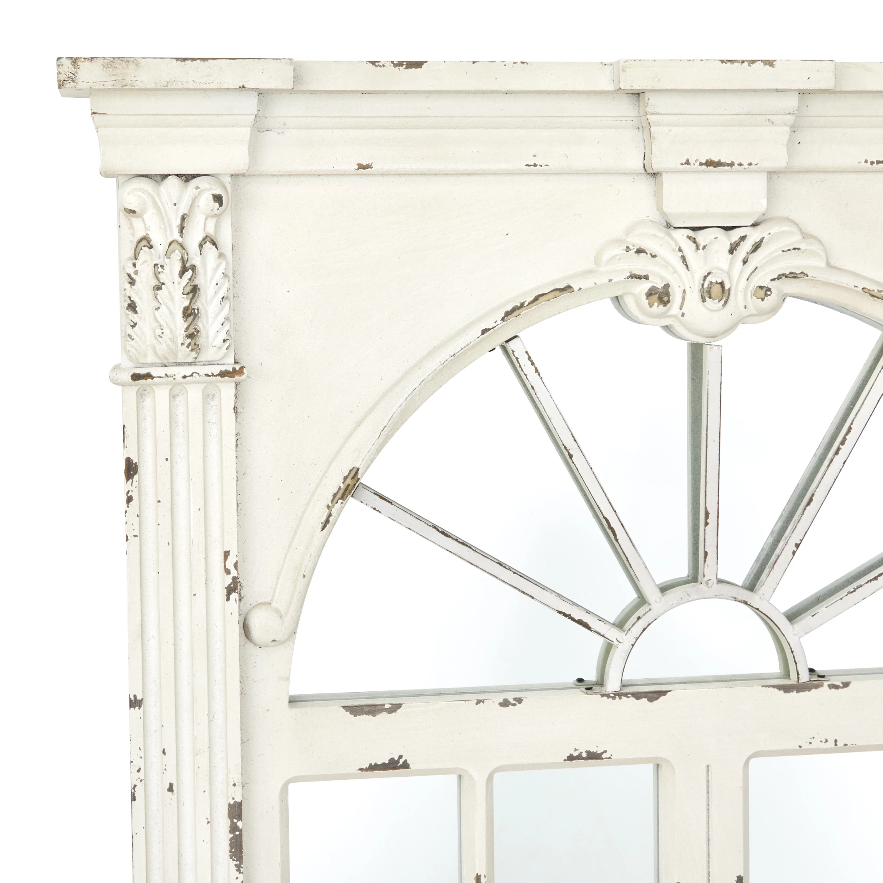 DecMode 37" x 52" Cream Window Pane Inspired Wall Mirror with Arched Top and Distressing