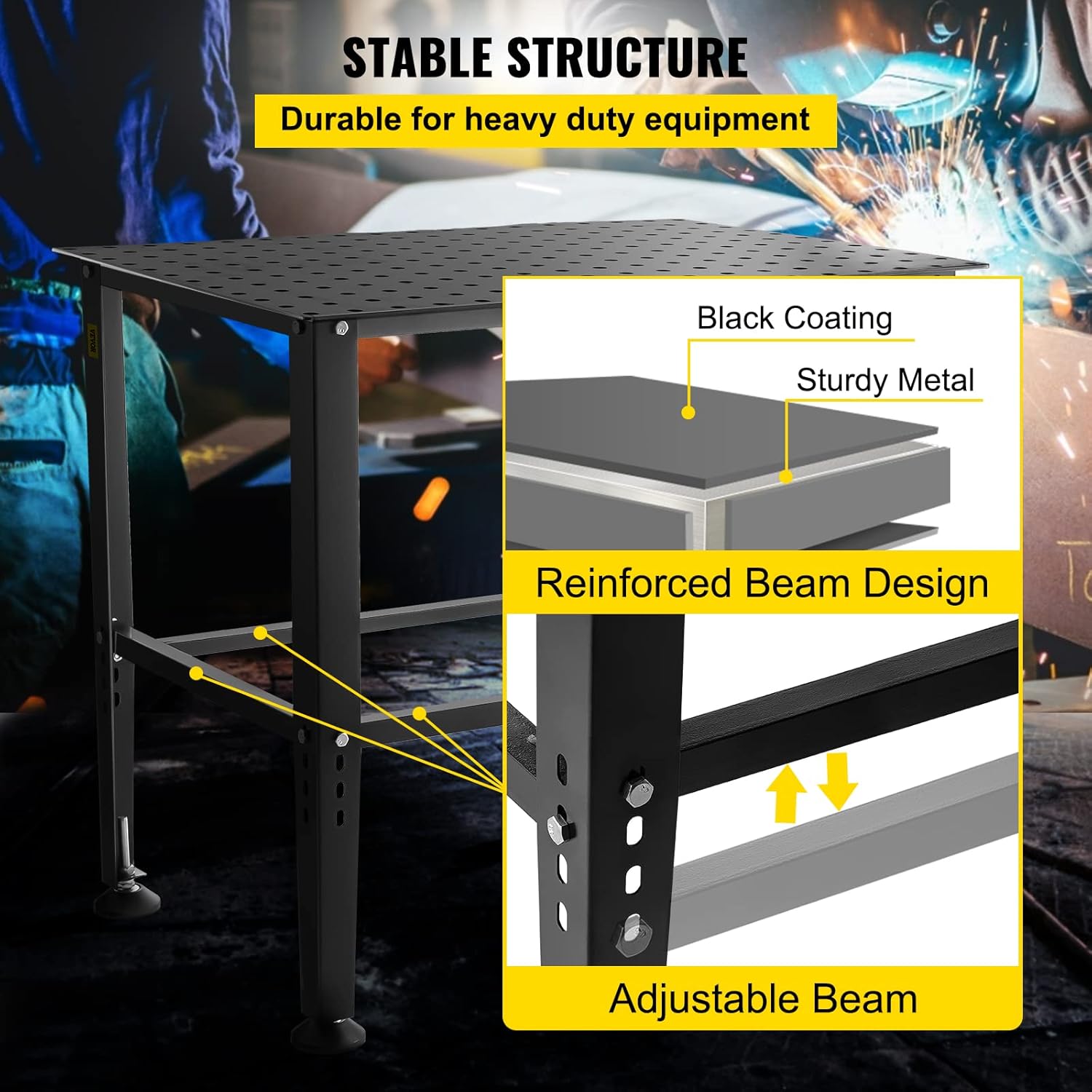 VEVOR Welding Table, 36" x 24" Adjustable Workbench, 0.12" Thick Industrial Workbench, 600lb Load Capacity Metal Workbench