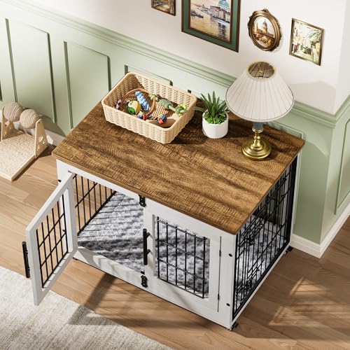 Lulive Dog Crate Furniture for Medium Dogs, 32'' Dog Kennel Indoor with Cushion & Wheels Wooden Dog Cage Double Doors Dog Crate End Table, Grey