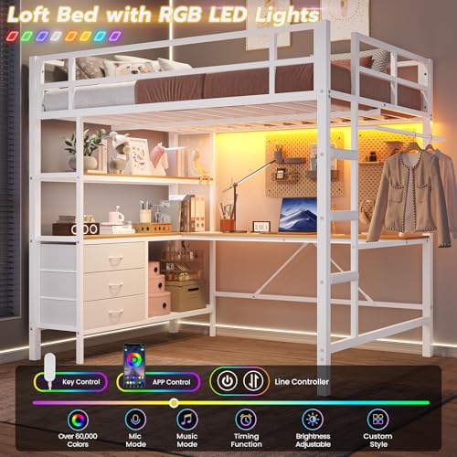 DICTAC Loft Bed Full Size with L-Shaped Desk and Charging Station Full Metal Bed Frame with LED Lights,Open Shelves and 3 Fabric Storage Drawers