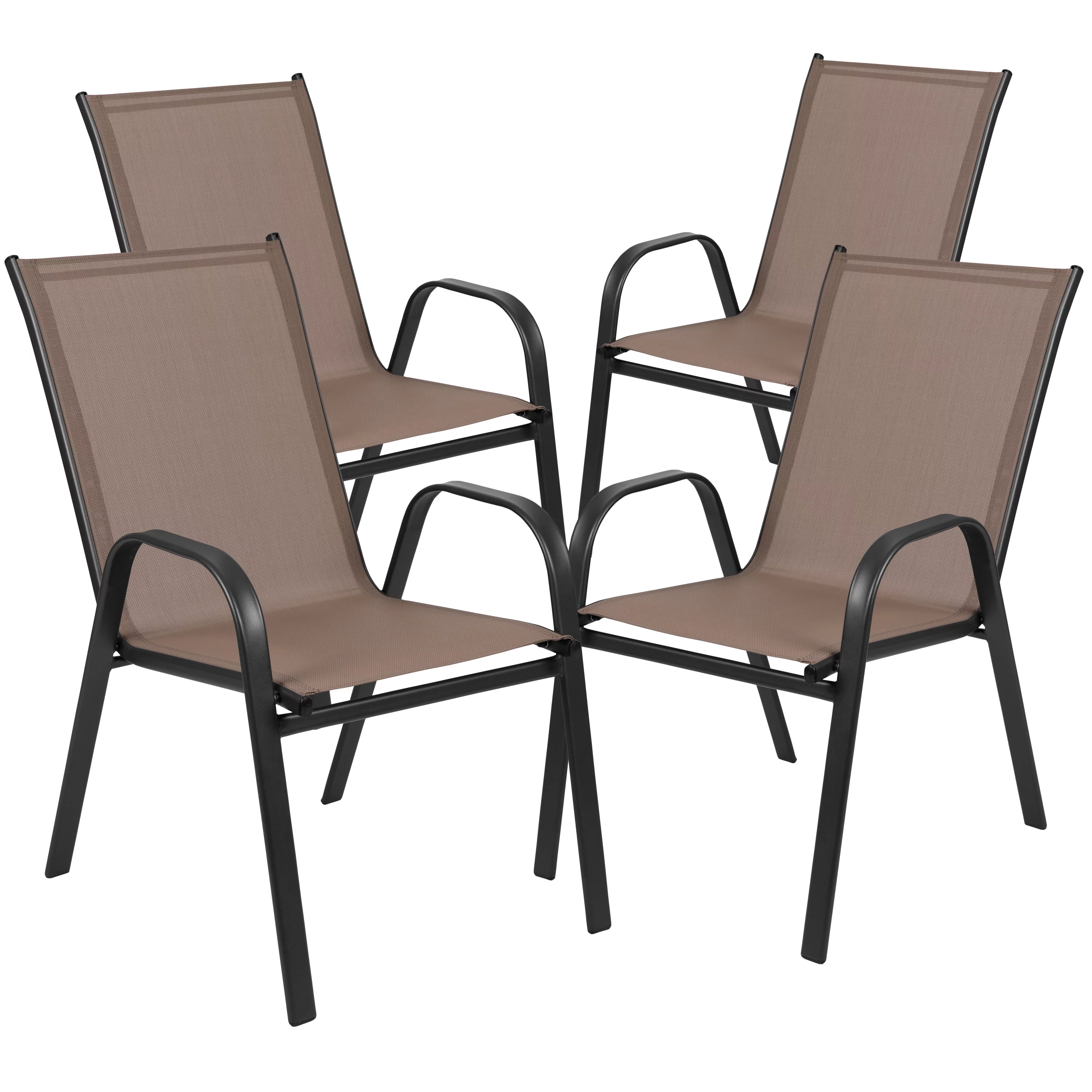 BizChair 7 Piece Outdoor Patio Dining Set - 55" Tempered Glass Patio Table with Umbrella Hole, 6 Brown Flex Comfort Stack Chairs
