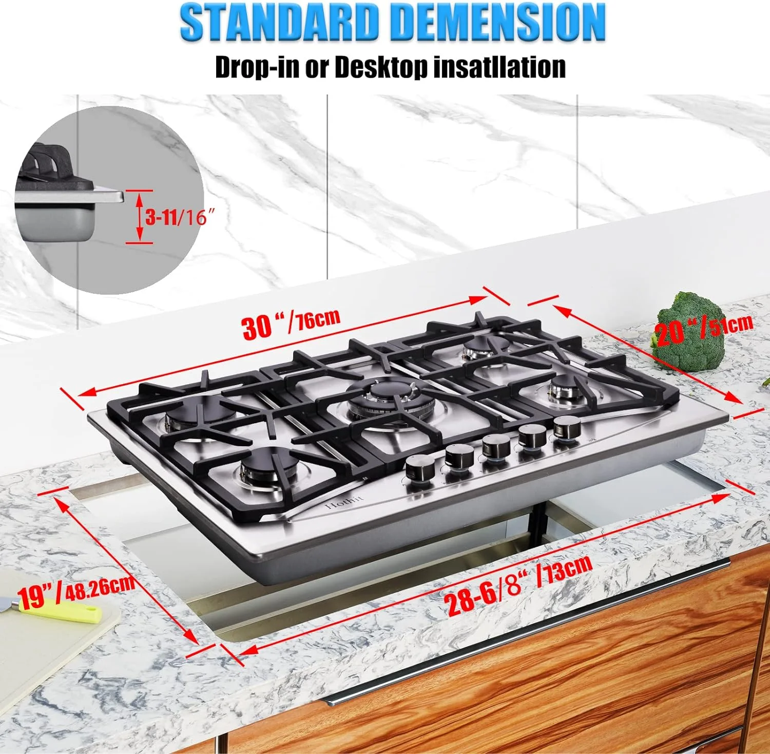 Tabaray Propane Gas Cooktop 30" Inch, 5 Burner Built-in Stainless Steel Gas Stove Top, LPG/NG Dual Fuel