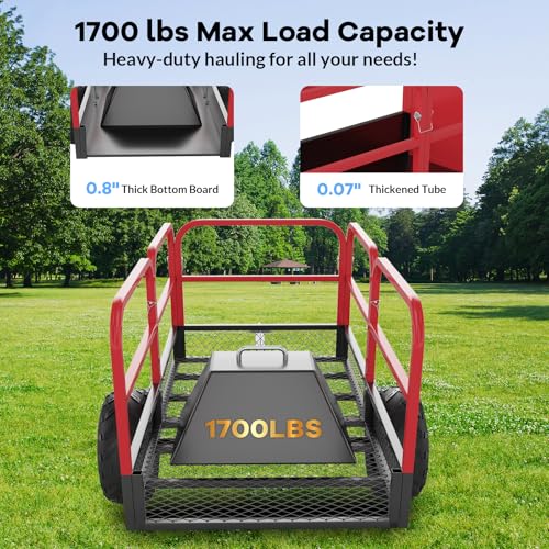 Heavy Duty ATV Trailer Dump Car, Utility Steel Yard Trailer, 1700-Pound Capacity Garden Dump Carts, Hand Pull or Foot Pedal Dump Cart for ATV, UTV