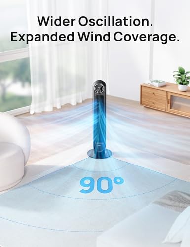 Dreo Tower Fan for Bedroom, 25ft/s Velocity Quiet Floor Fan, 90° Oscillating Fans for Indoors with 4 Speeds, 4 Modes, 8H Timer, Standing Fans