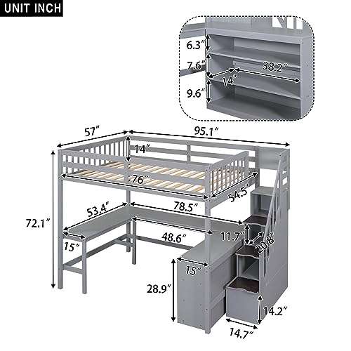 Full Size Loft Bed with Desk & Wardrobe, Solid Wood Kids Loft Bedframe w/3 Storage Drawers & 2 Shelves, Maximum Space Design, for Bedroom, Dorm, Gray