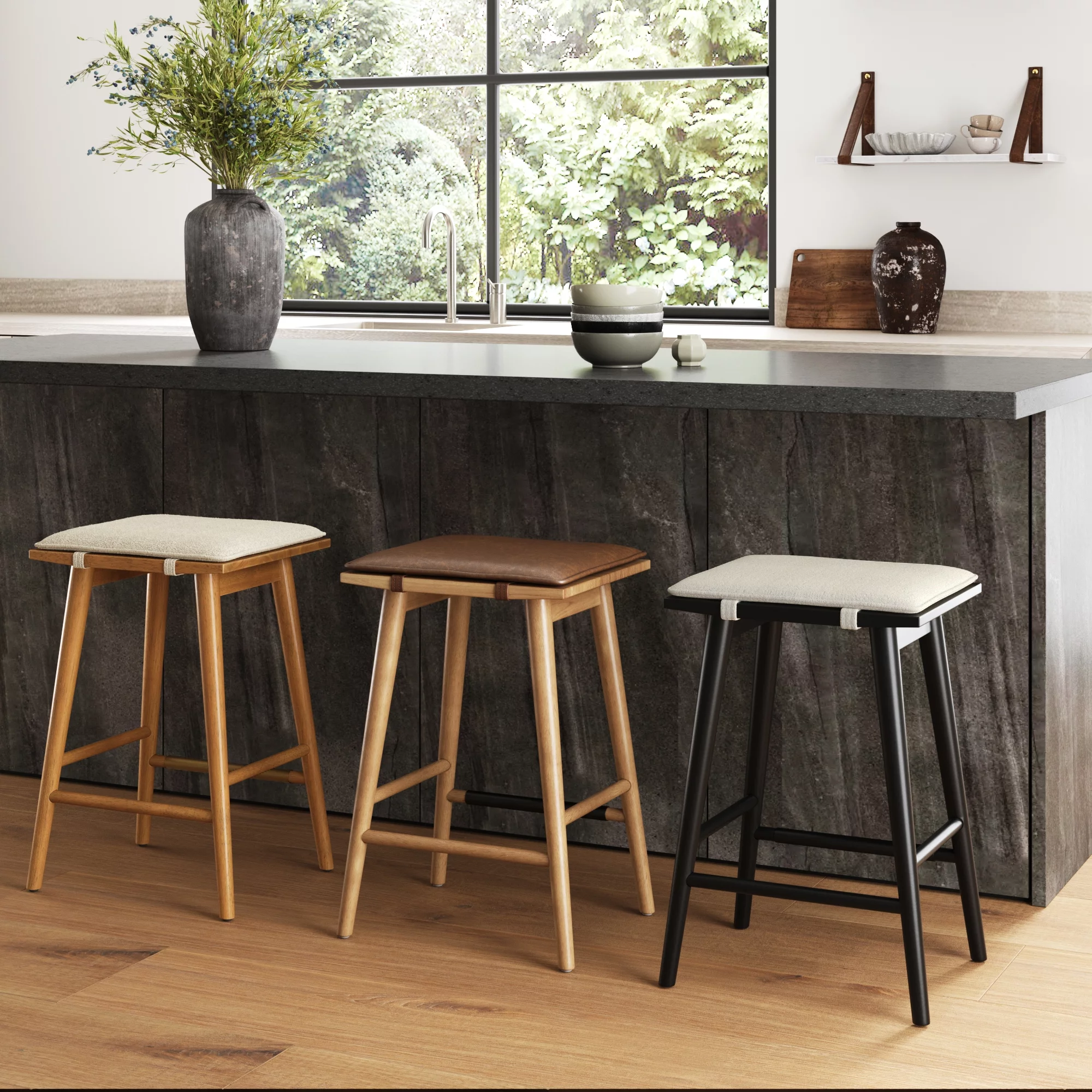 Nathan James Barker Counter Height Solid Wood Barstool with Upholstered Cushion