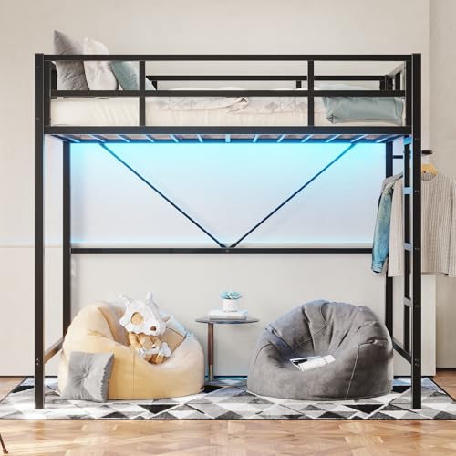 DICTAC Loft Bed Twin Size with Ladder and Guardrail,Metal Twin Loft Bed with Led Lights,Small Space Saving Furniture Design for Bedroom