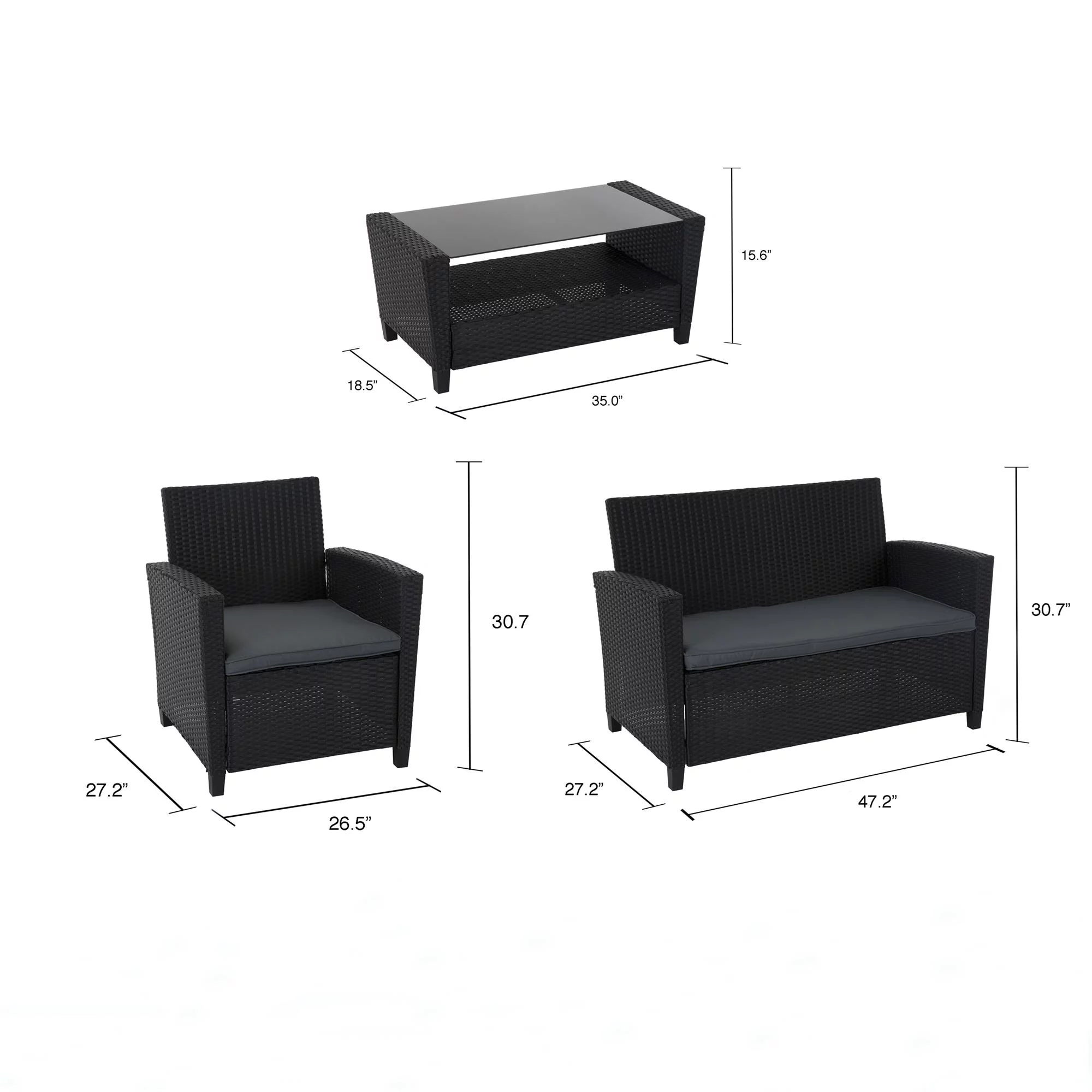 COSCO Outdoor 4 Piece Conversation Set, No Tools Assembly, Gray Cushions, Black Resin Wicker