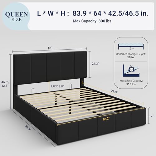 Allewie Queen Size Velvet Lift Up Storage Bed Frame, Vertical Channel Tufted Headboard, Hydrualic Underneath Storage, Upholstered Platform Bed