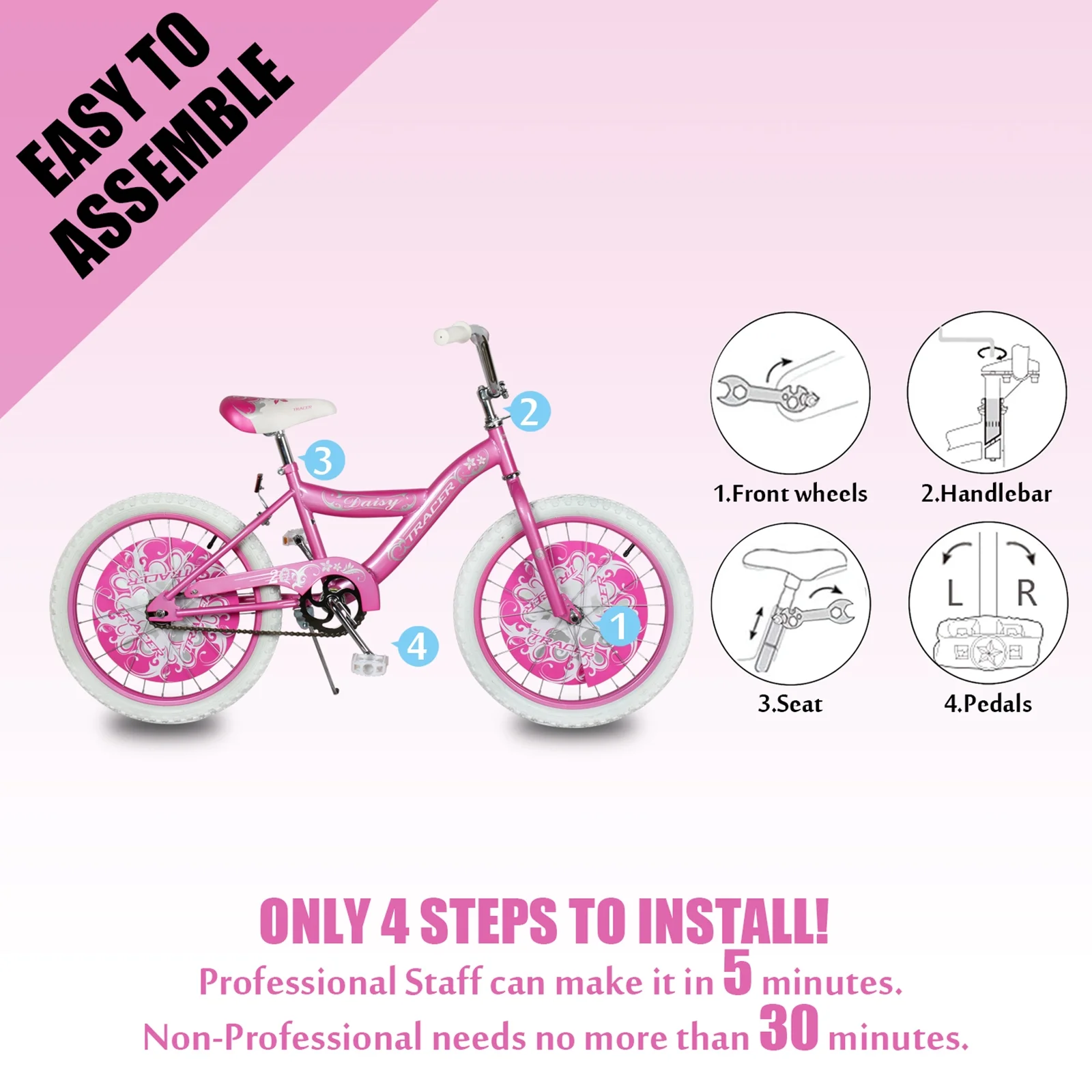 Tracer Daisy BMX 20 Inch Kids Bike with Kickstand, Boys and Girls Age 5 to 9, Pink Color